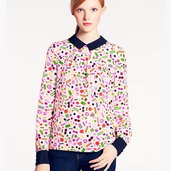 Kate Spade New York x Darcel Shelley New York City Graphic Print L/S Silk Blouse - Picture 1 of 12